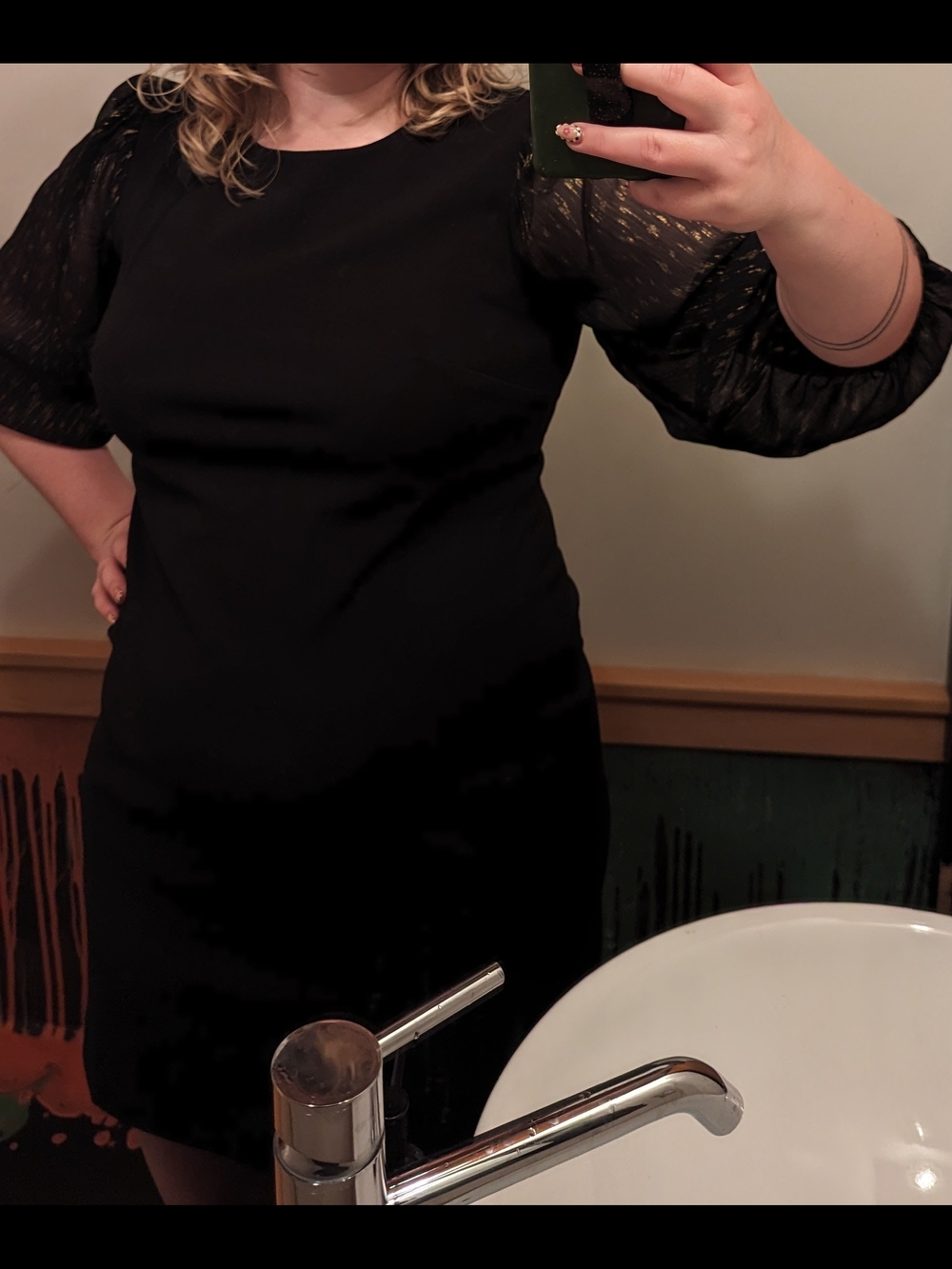 DKNY Black Shift Dress with Sheer Metallic-Accented Sleeve Detail